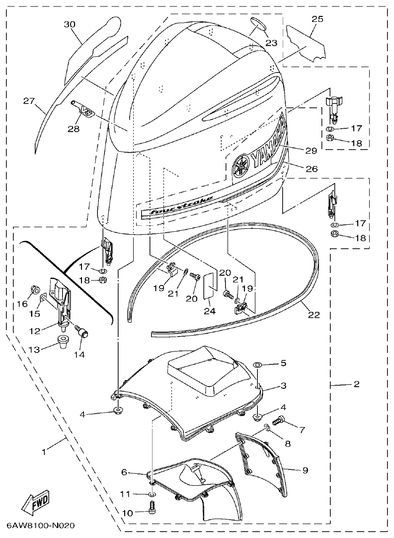 Yamaha F350AET, FL350AET TOP COWLING parts diagram
